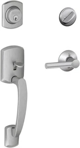 Schlage Greenwich Maniglia di ingresso leva e set blocco catenaccio F60GRW626BRW - raso - Foto 1 di 1
