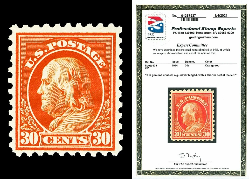 Scott 439 1914 30c Franklin Perf 10 Mint F-VF OG NH Cat $500 with PSE CERT - Image 1 of 1