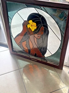 Vintage Artisan Studio Stained Glass | 30W x 30H | Tahiti Woman & Flower | 1980 - Picture 1 of 20