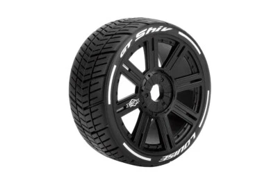 MFT GT-Shiv 1/8 GT Tires, 17mm Hex, Soft, Mounted on Black Spoke Rim, Front/Rear - Image 1 of 2