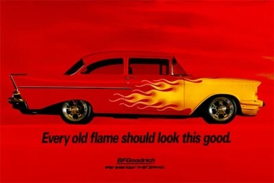 REPRODUCTION BF GOODRICH '57 Chevy Flames Banner 2'x3' - Image 1 of 3