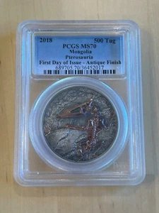 2018 500 Tug Mongolia Pterosaur 1 oz Dinosaur PCGS MS 70 First Day of Issue FDOI - Picture 1 of 2