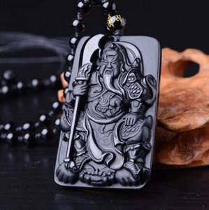 Natural black obsidian Guan Gong guan yu Necklace Hold broadsword Pendant bead - Picture 1 of 9