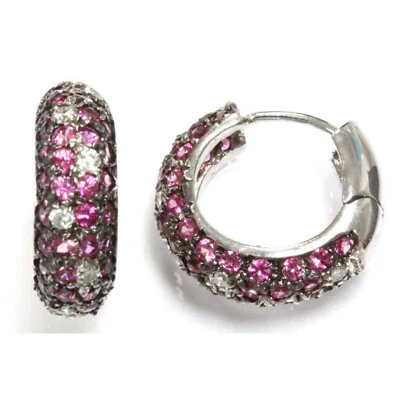 2.5 ctw Pink Sapphire & Diamond 14k White Gold Pave Huggie Hoop Earrings 16 MM - Image 1 of 4