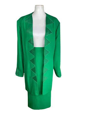 Traje Falda BEN MARC INTERNATIONAL 2 PIEZAS Verde Cuentas Poliéster Frente Abierto Talla 22 Foto 1 de 4