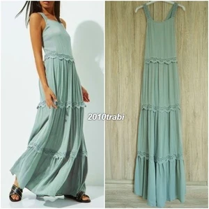 RIVER ISLAND STEEL BLUE LONG DRESS WITH BRODERIE ANGLAISE DETAIL SIZE UK 8 EU 34 - Picture 1 of 9