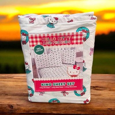 Sanrio Hello Kitty King Juego de Sábanas 4 Piezas Coronas de Navidad ¡100% Algodón! ¡NUEVO! Foto 1 de 4