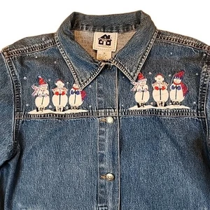 VTG Storybook Knits Womens Medium Denim Jacket Snowman  Christmas Let It Snow  - Picture 1 of 11