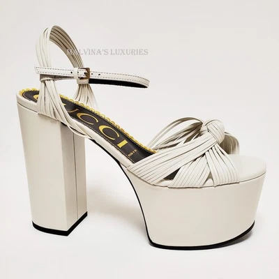 GUCCI SHOES CRAWFORD KNOTTED WHITE LEATHER PLATFORM SANDALS $1,100 sz 40 10 - Image 1 of 4