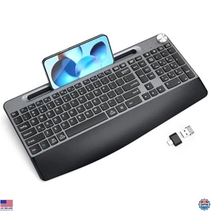 Ergonomic Wireless Keyboard with Wrist Rest, Quiet Design, USB, Full Size, Grey - Picture 1 of 6