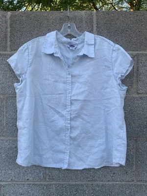 Старая темно-синяя льняная рубашка на пуговицах 100% лен с коротким рукавом пудра синий размер XL - Изображение 1 из 4