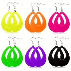 6 Pairs Neon Retro Teardrop Dangle Earrings Fluorescent Color Party Jewelry - Picture 1 of 13