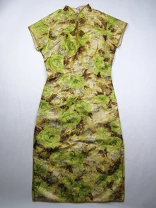 Vintage 1950er 1960er Mai-Li grün glänzend ausgefallen Qipao Gr. 10 Hongkong Cheongsam Blumen - Bild 1 von 15