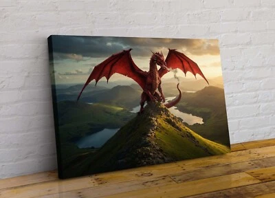 Impresión de póster de arte de pared de fantasía lienzo montaña humo dragón rojo grande Foto 1 de 3