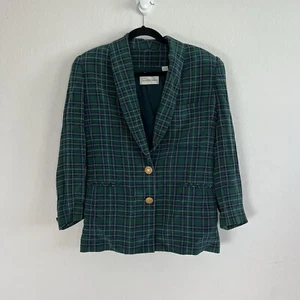 Dana Buchman Vintage 90s Silk Green & Blue Plaid Academia Blazer Petite Size 6 - Picture 1 of 10