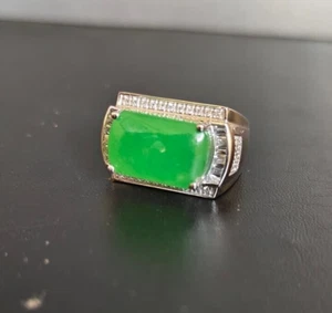 Vintage Unikat ausgefallener natürlicher grüner Jade Smaragdschliff Herren Ring Silber 925 - Bild 1 von 4