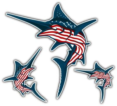 4KIDS Marlin Fish US Flag Fishing Decal Sticker Set for Truck, Boat, Wall, Car