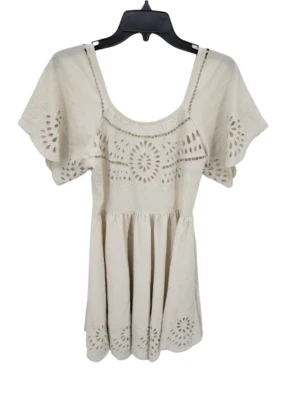 Staring at Stars 连衣裙女式 4 象牙色奶油孔眼方领喇叭袖波西米亚 — 第 1/4 张图片