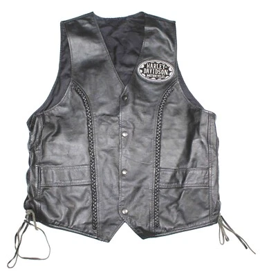 UNIK Harley Davidson Chaleco Motocicleta Cuero Negro Encaje Lateral Mujer XL 46" Pecho Foto 1 de 4