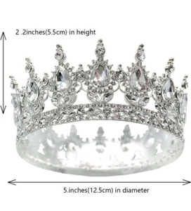 Round Crystal Queen Crown Rhinestone Bridal Tiara Headband Pageant Silver 2.2" - Picture 1 of 1