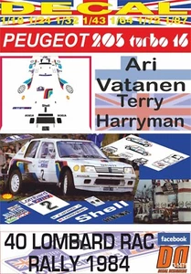 DECAL PEUGEOT 205 Turbo 16 A.VATANEN RAC R. 1984 WINNER (08) - Picture 1 of 1
