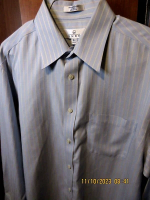 Camisa de vestir Enro azul sin hierro manga larga con rayas blancas y rosas 16,5/32- Foto 1 de 3