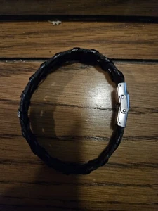 Mens Stainless Steel Magnetic Buckle Bracelet Braided Leather Black - Picture 1 of 2