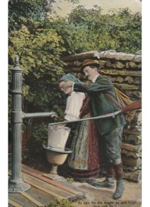 1911 antica cartolina cacciatore innamorato mosca cieca ragazza alla fonte - Picture 1 of 2