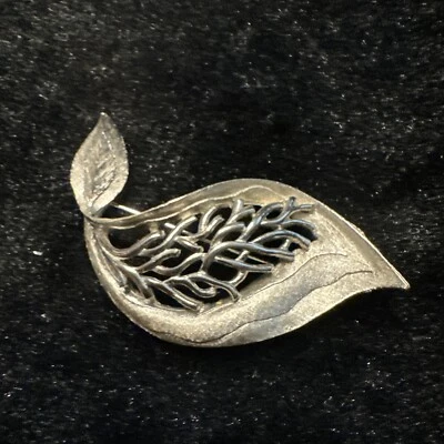 Broche de Colección JJ Jonette Tono Plata Hoja Pluma Brillante Cepillado Prendedor Declaración 2" Foto 1 de 4