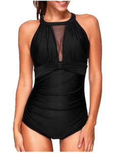 NEU Schwarzer Einteiler Badeanzug High Neck Mesh Plunge Rüschen Damen XXL - Bild 1 von 5