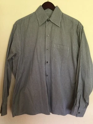 Camisa de vestir Giorgio Armani etiqueta negra para hombre con botones azul oscuro a rayas gris 38/15 Foto 1 de 4