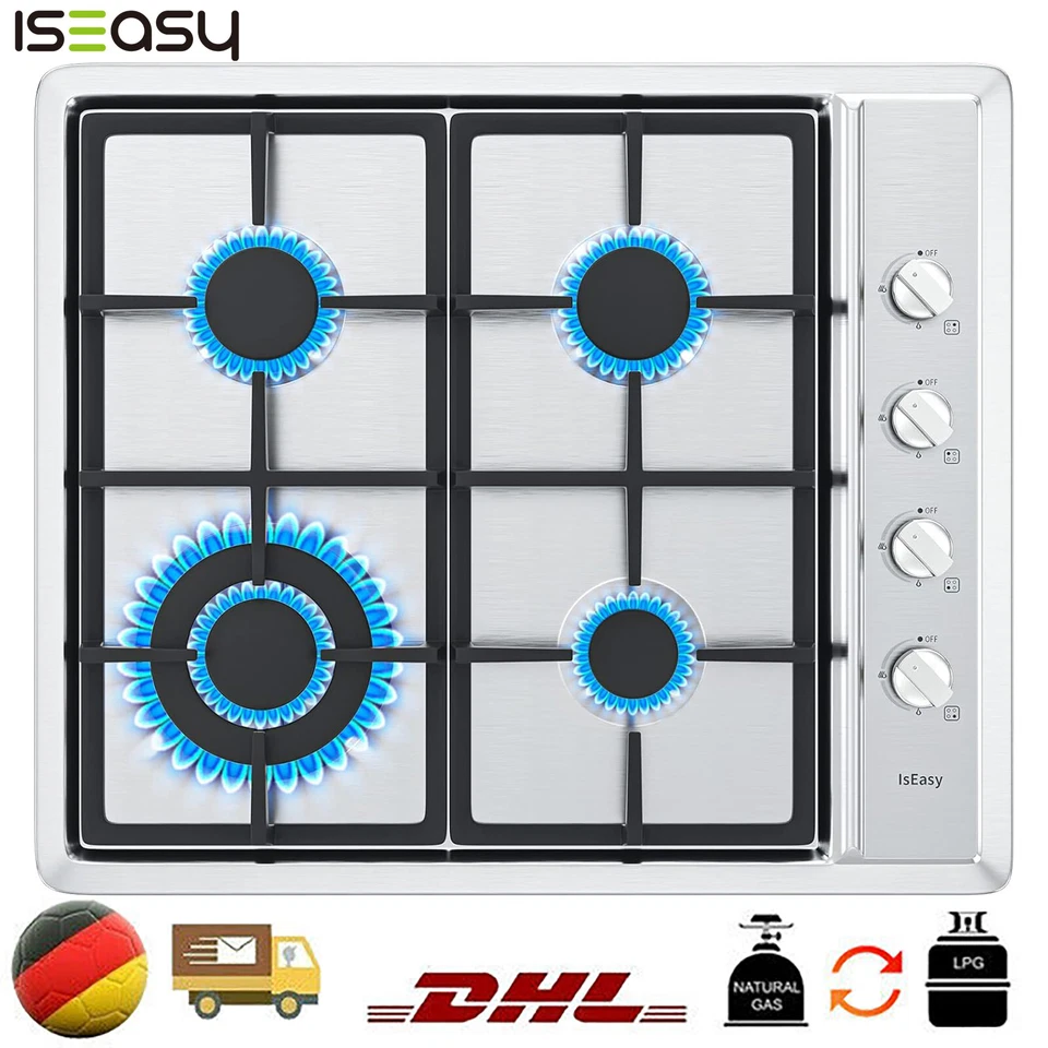 ISEASY 60 cm Gaskochfeld Einbaukochfeld Kochfeld Edelstahl Gaskocher 4 Flammig Autark