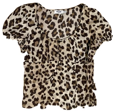 Blusa vaquera Moschino vintage rara con mangas de gorra y lazo (leopardo, talla L) Foto 1 de 3