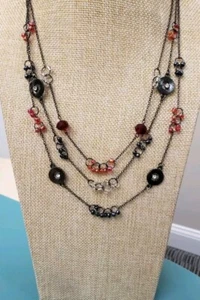 Boho Multistrand Beaded Necklace Black Red Beads Gunmetal Chain 22in NWT - Picture 1 of 3