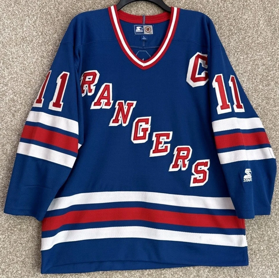 Camiseta de hóquei vintage anos 90 Starter NHL masculina grande New York Rangers Mark Messier - Imagem 1 de 4