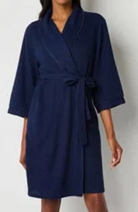 Liz Claiborne Woman’s Bathrobe Belt Pockets Blue Navy Robe Waffle Weave XLarge - Picture 1 of 6