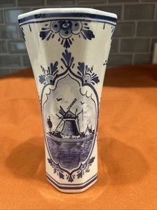 delft blue hand painted holland vase Initial By Artist 8 Inches Tall  - Picture 1 of 6