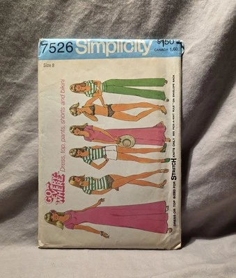 Simplicity Cut Pattern #7526 Vintage 1970s Dress Top Bikini Pants Shorts Size 8 - Image 1 of 3