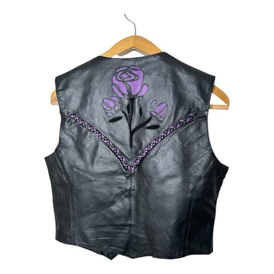 Xelement 皮革摩托车背心女式 XL 码花卉编织黑色紫色 — 第 1/4 张图片