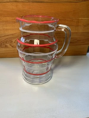 Vintage Midcentury Red and White Striped Glass Pitcher - 1930’s? Juice Pitcher - Image 1 of 4