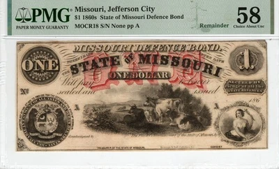 Missouri - Billete de Estado de 1860 $1 - CR-18 - CSA - PMG Elección AU 58 - ¡Guerra Civil! Foto 1 de 2