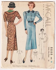 Vintage Sewing Pattern Dress Long or Short Sleeves 1930s McCall 8888 36" Bust - Picture 1 of 6