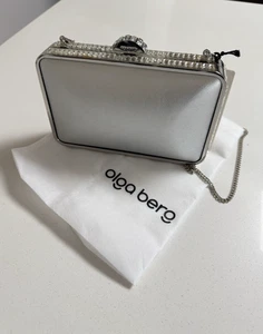 Olga Berg Silver rectangle evening formal clutch bag, crystals, chain, clasp New - Picture 1 of 17