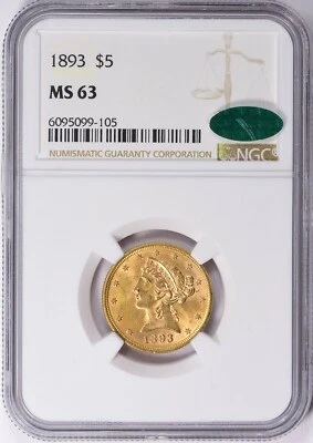 1893 LIBERTY HEAD HALF EAGLE $5 GOLD NGC MS63 CAC - Image 1 of 3
