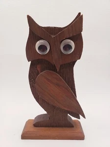 Statua gufo in legno intagliato a mano statuina stile MCM occhi googly decorazione eclettica - Foto 1 di 8