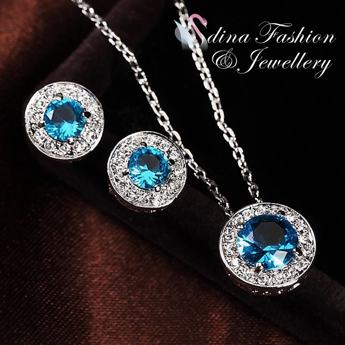 18K White Gold Plated Made With Swarovski Crystal Aquamarine Delicate Halo Set - Image 1 of 4