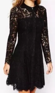 Whistles Black Lace Fit & Flare Long Sleeve Occasion Elegant Shirt Dress Size 4. - Picture 1 of 9