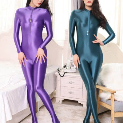 Body de satén Wetlook para mujer 2 vías cremallera entrepierna abierta traje de gato mono con pies  Foto 1 de 4