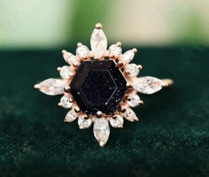 Sechseck blauer Sandstein Silber 14K Rosévergoldet Verlobung Halo zierlicher Ring - Bild 1 von 6