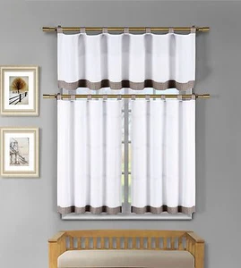 3 Pc White Kitchen Window Curtain Set: Brown Check Design, 1 Valance, 2 Tiers - Picture 1 of 1